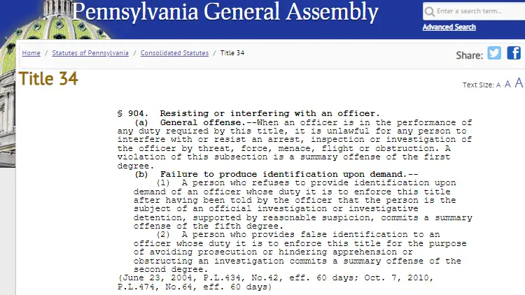 A screenshot showing the Pennsylvania consolidated statute, Title 34, § 904, titled "Resisting or interfering with an officer." provided by the Pennsylvania General Assembly. 