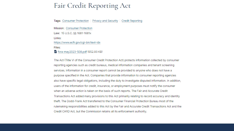 A screenshot showing the introduction of the Fair Credit Reporting Act, Title VI of the Consumer Credit Production Act. 