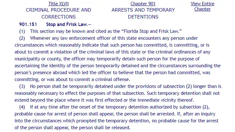 A screenshot showing Florida statutes Title XLVII, Chapter 901, Section 151, also known as the "Florida Stop and Fisk Law," which gives the law enforcement officer the right to detain temporarily the person who has committed, is committing, or is about to violate the criminal laws.