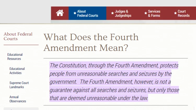 A screenshot showing "What Does the Fourth Amendment Mean?" summarizing the meaning and use of the Fourth Amendment.