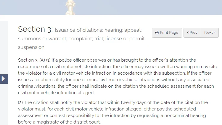 A screenshot showing the Massachusetts General Laws, Part I, Title XIV, Chapter 90C, Section 3, which states that three written warnings in a year can result in a suspended license even though no ticket was issued.