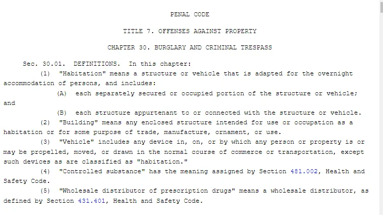 A screenshot showing the Texas Statutes, Penal Code, Title 7, Chapter 3 titled "Burglary and Criminal Trespass." 