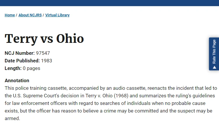 A screenshot introducing the "Terry vs. Ohio" article, which provide guidelines and gives law enforcement the right to stop someone for a limited amount of time to establish their identity and discover if their suspicions have a foundation.