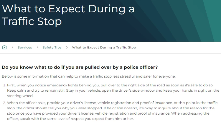 A screenshot showing an article explaining what to do if a police officer pulls you over.